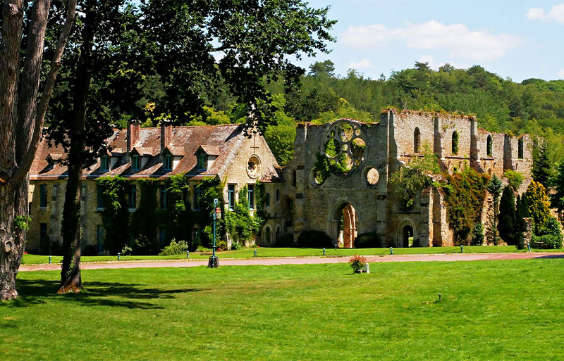Muros de la abadía en ruinas rodeados de hierba