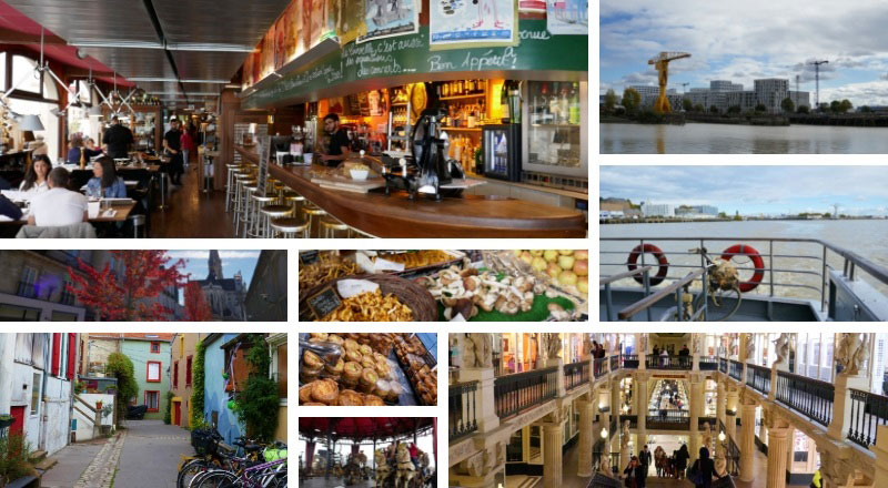 Escenas callejeras y gastronómicas de Nantes: río, calles, pastelerías y bares
