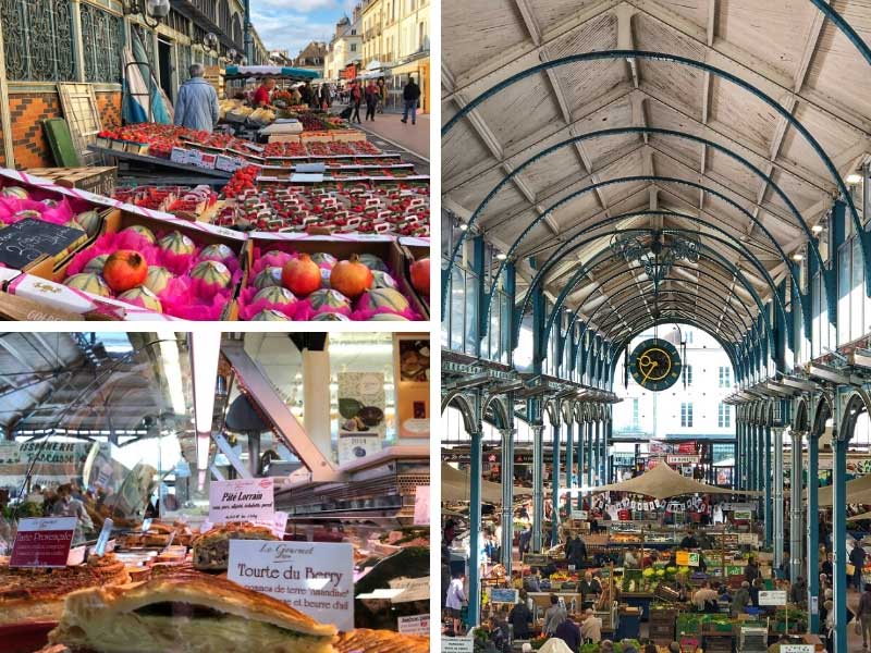 Mercado cubierto, estructura de hierro forjado cubierto, repleto de puestos que venden muchos alimentos en Dijon