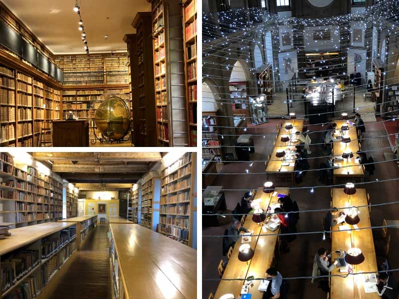 Sala de lectura de la biblioteca colgada con luces de hadas parpadeantes, estantes de libros antiguos, Dijon