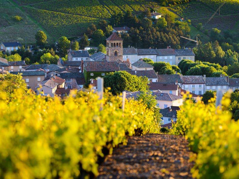 Colinas y viñedos rodean un pequeño pueblo en Beaujolais, Borgoña, Francia