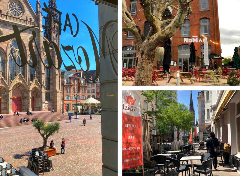 Fotos que muestran frentes de cafés y restaurantes en Mulhouse, Alsacia