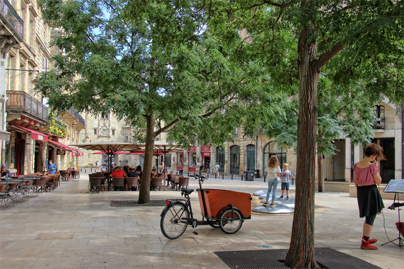 Elegante plaza bordeada de edificios antiguos en la ciudad de Burdeos con árboles sombreados y gente comiendo al aire libre