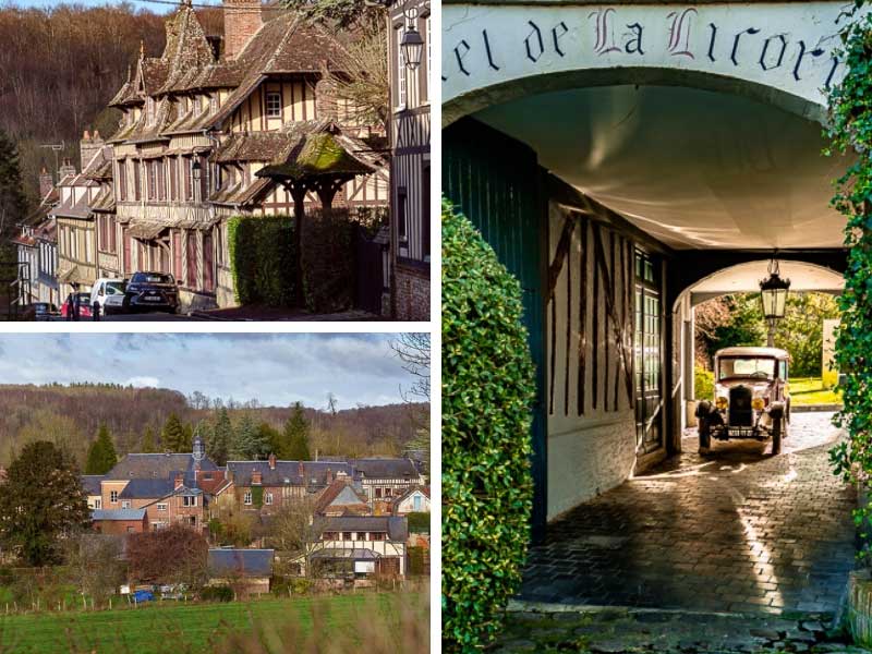 Fotos de paisajes de Lyons-la-Forêt, un pueblo medieval con casas antiguas y calles adoquinadas en Normandía