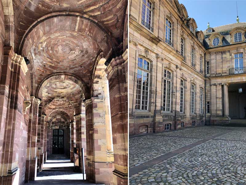 Pasarela de piedra y patio adoquinado del Palacio Rohan Estrasburgo