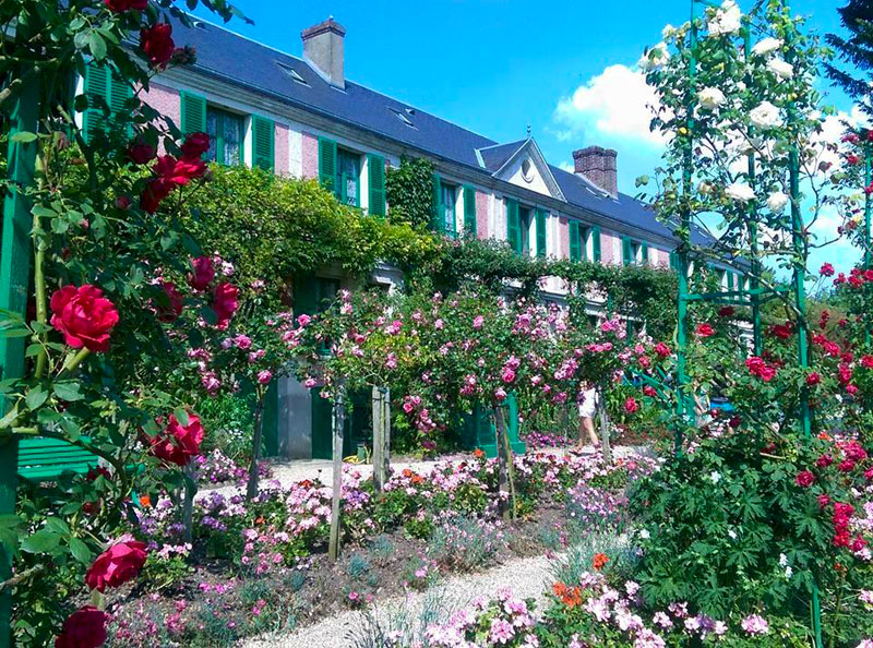Rosas y plantas que crecen en el jardín de la casa del artista Claude Monet en Giverny, Normandía.