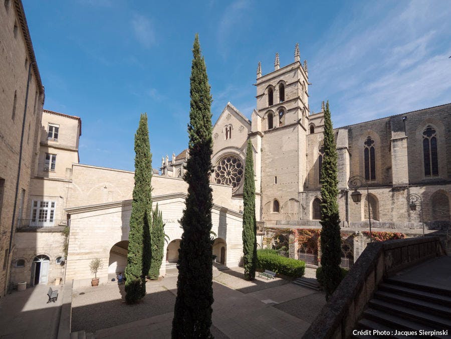 Montpellier, patio principal de la Facultad de Medicina y catedral de Saint-Pierre