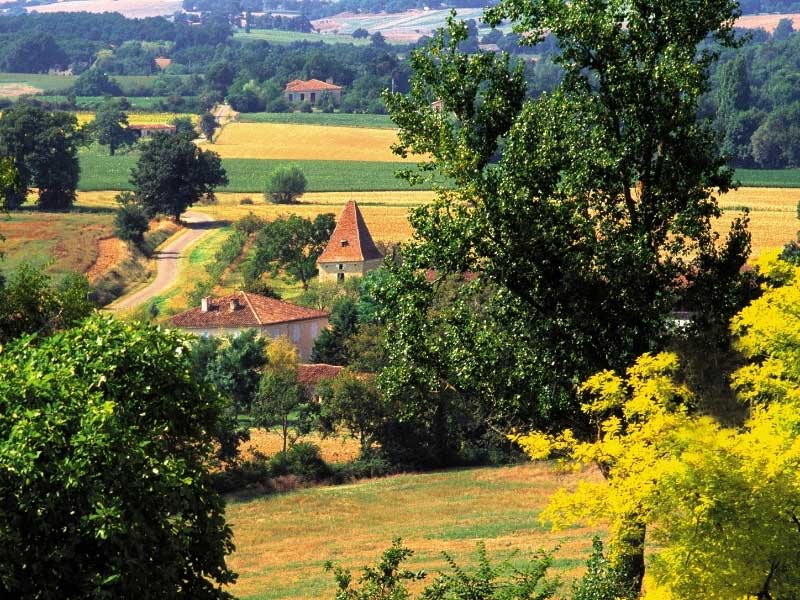 Colinas salpicadas de árboles, una pequeña aldea de casas de piedra en la campiña de Gers