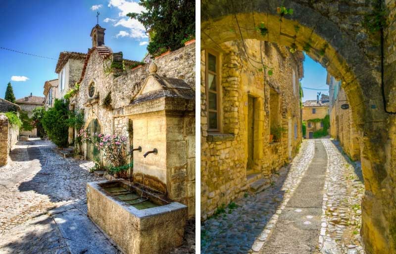 Calles adoquinadas y edificios medievales, abrevaderos y enredaderas que crecen en las paredes de Vaison-la-Romaine
