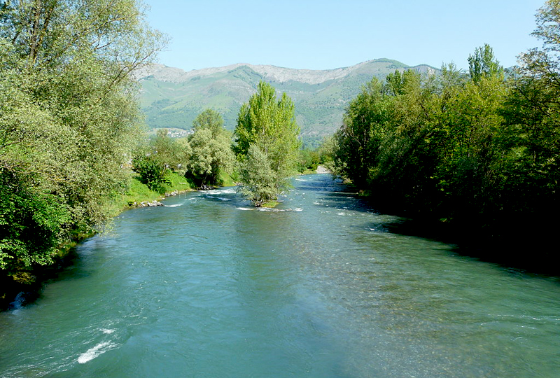 Aguas de color azul claro de un río caudaloso, bordeadas de árboles y montañas al fondo