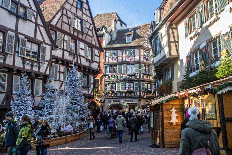 Postal del mercado navideño de Colmar, Alsacia