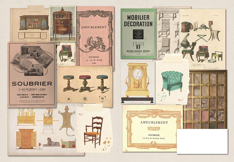 Páginas ilustradas de un libro que muestran escenas de una tienda de París.
