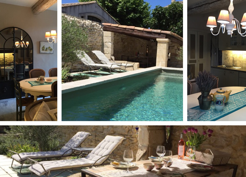 Una mezcla de fotografías que muestran una casa de vacaciones en Provenza, piscina, tumbonas y un hermoso interior.