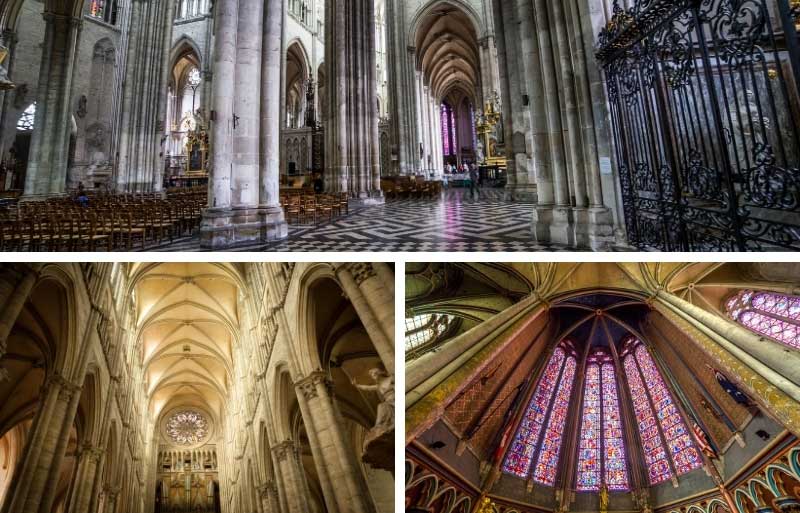 Dentro de la catedral de Amiens, luz suave a través de vidrieras antiguas