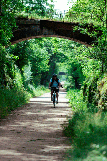 Hombre andando en bicicleta a través de un exuberante paisaje verde en Mazamet