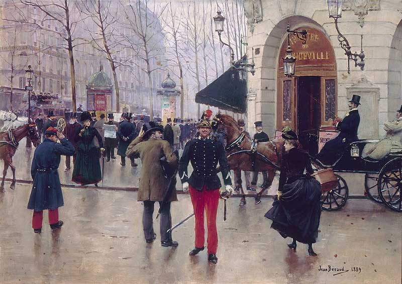 Pintura de la época Belle Epoque que muestra una calle de París con columnas publicitarias.