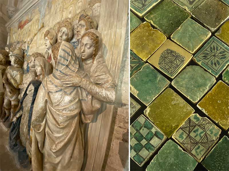 Detalles de esculturas y baldosas centenarias en el Palacio de los Papas, Aviñón